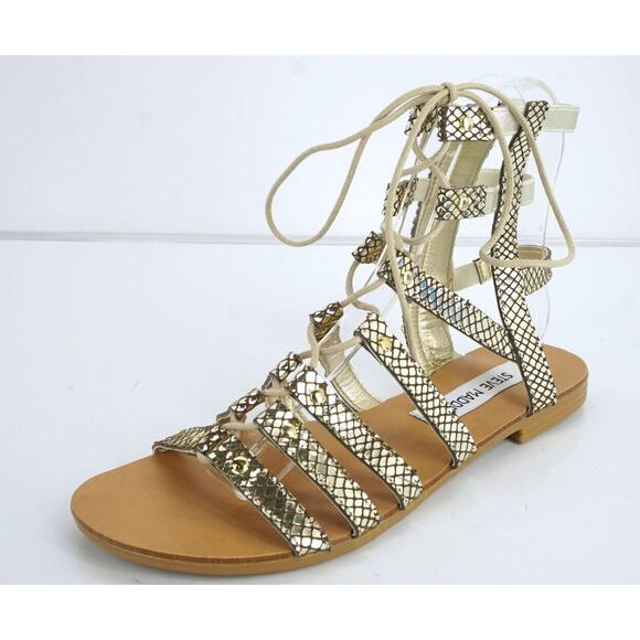 Steve Madden Gold Snake Lace up Gladiator Strappy Sandals Size 5.5 Flat - Picture 1 of 11